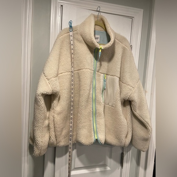 Gap Size XXL Cream Full Zip Teddy Fleece Jacket Blue Neon Pockets Mock Neck - Picture 6 of 12